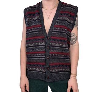 Vintage 1990s Wool Geometric V Neck Dark Academia Sweater Vest Preppy XL